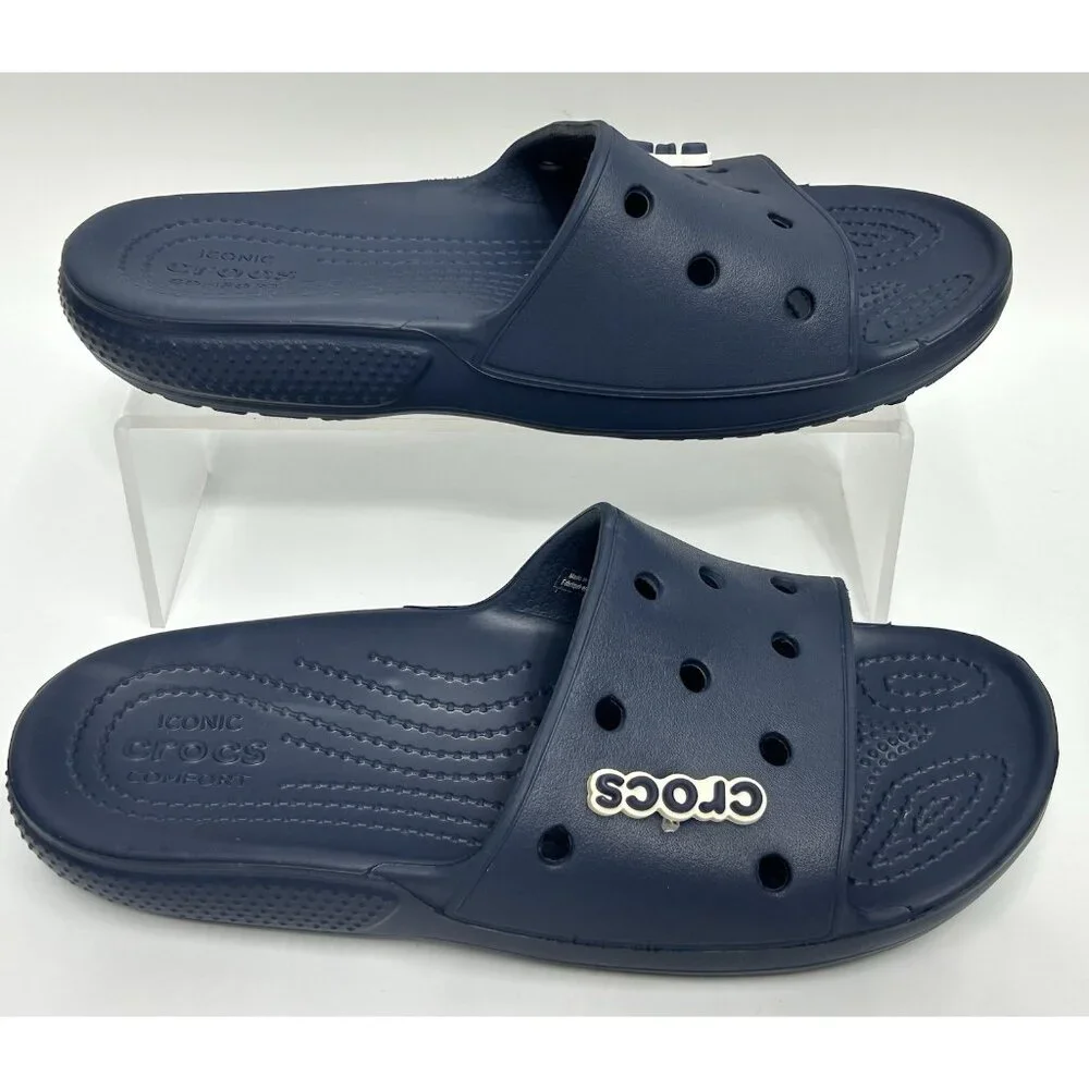 NEW Crocs Classic Slides Sandals M7/W9 Slip On Navy Blue Unisex Croc Logo Charm